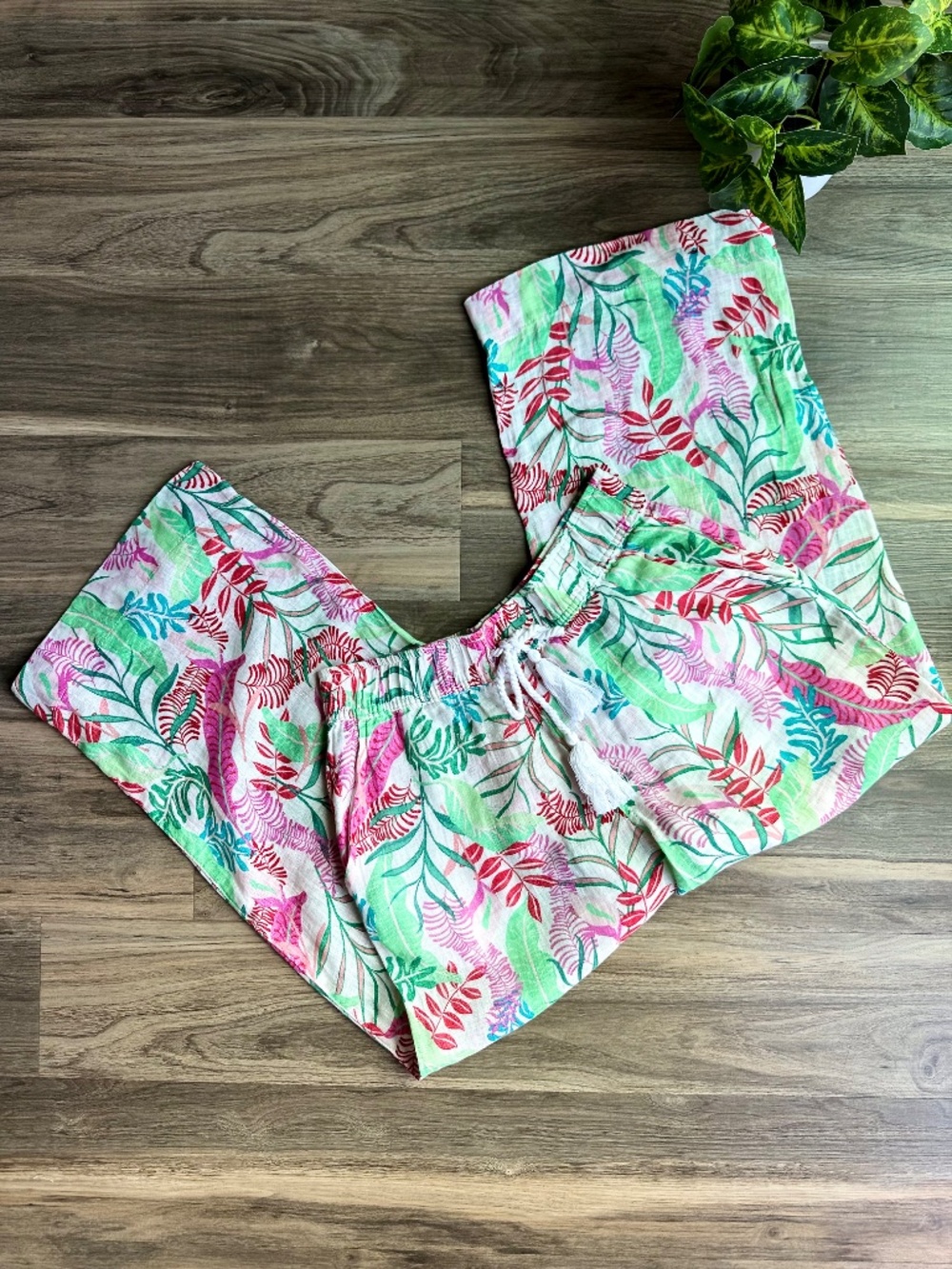 Tropical Resort Wide Leg Palazzo Pants Tassel Tie Botanical Print White - Picture 14 of 14